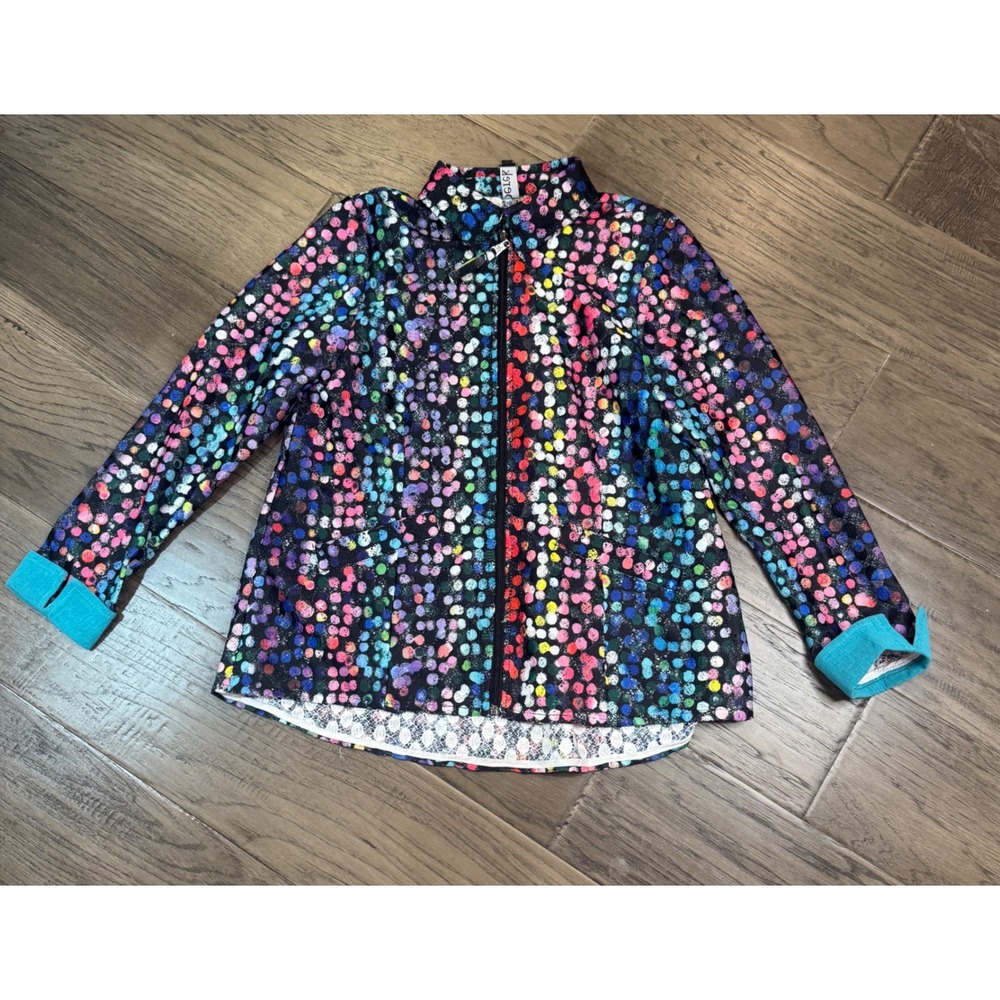 Berek Colorful Polka Dot Full Zip Jacket Womens Small Lightweight Teal Cuffs